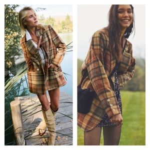 NWT FREE PEOPLE Beige Mari Oversized Plaid Blazer Jacket Small